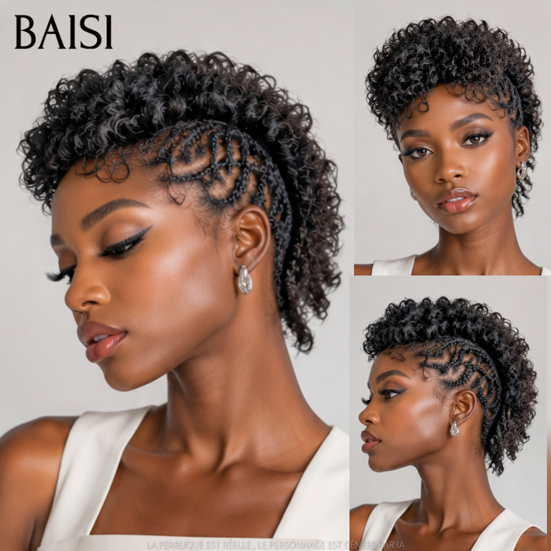 BAISI Full Lace Perruque Pixie Courte Déjà Coiffée  et Nattée Couleur Noir 176€ Choix Idéal Contre Chaleur Look Extra en 100% Cheveux humains