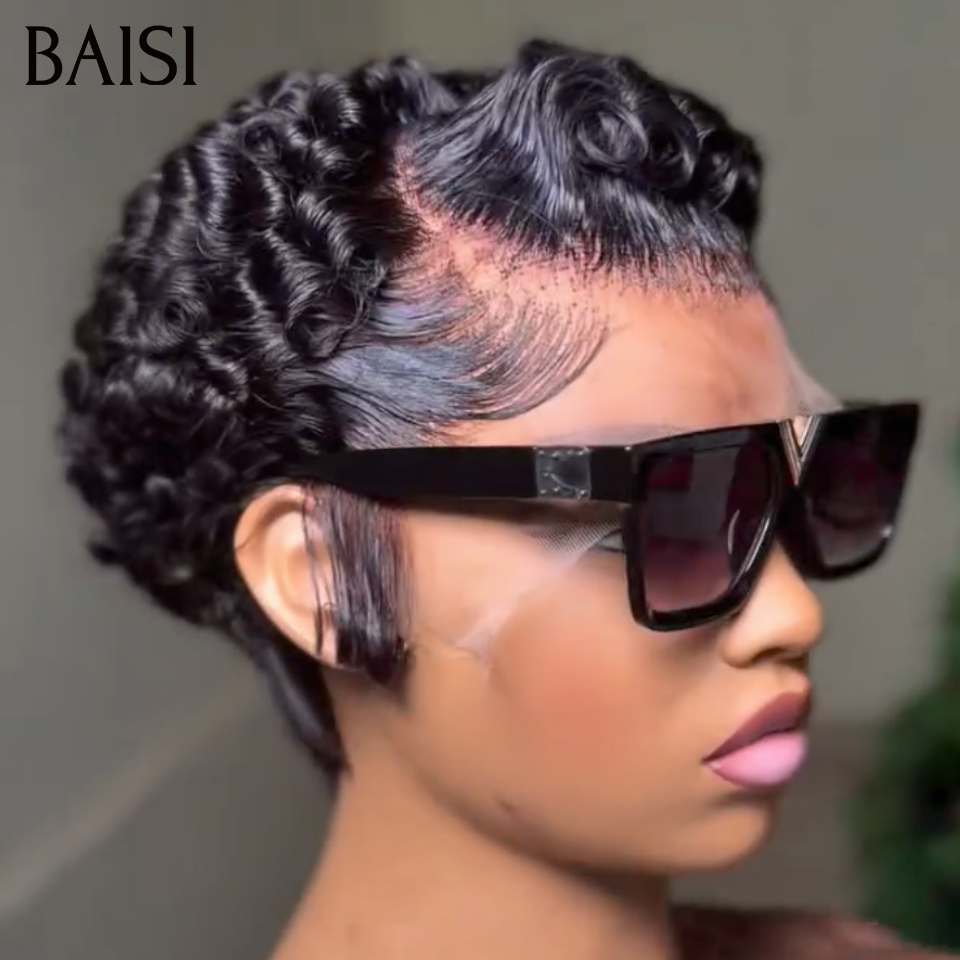 BAISI 13x4 Lace Perruque Pixie Wave Déjà Coiffée 84€ Couleur Marron Noir 1B# Style Moderne en 100% Cheveux humains