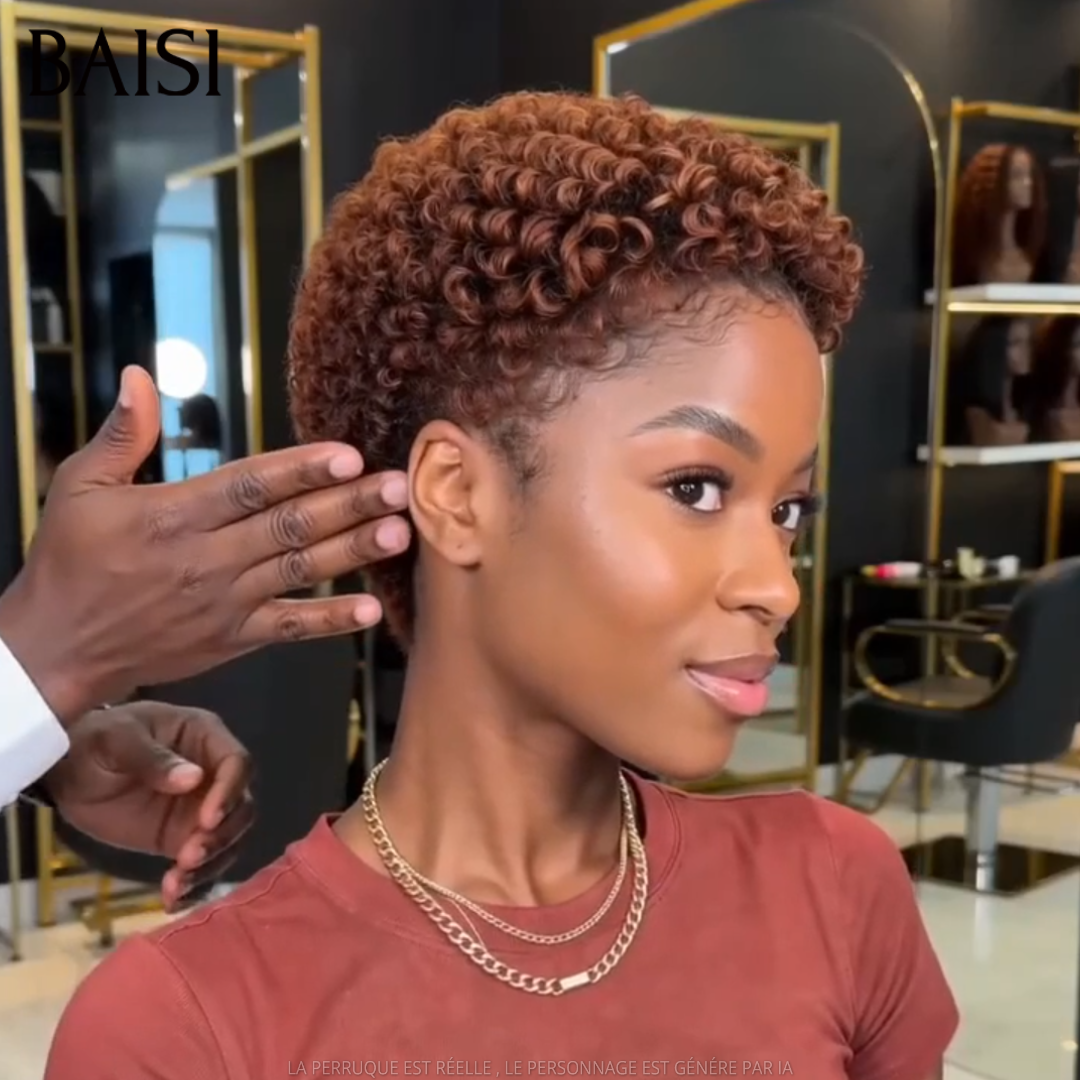 BAISI Perruque Pixie Bouclée Marron Clair 30# 49€ Sans Colle Sans Lace Pour Débutantes en 100% Cheveux humains