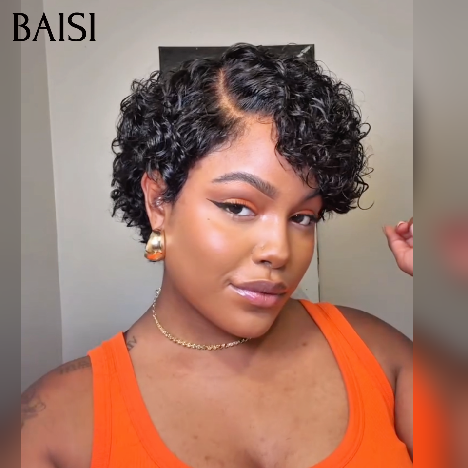 BAISI Perruque Curly Wave 6 Pouces Noir 78€ en Lace 13x4 Frontal ou Demi-Perruque Topper Curly wave 85€ cheveux partiel personnalisé en Couleur Noir 100% Cheveux Humains