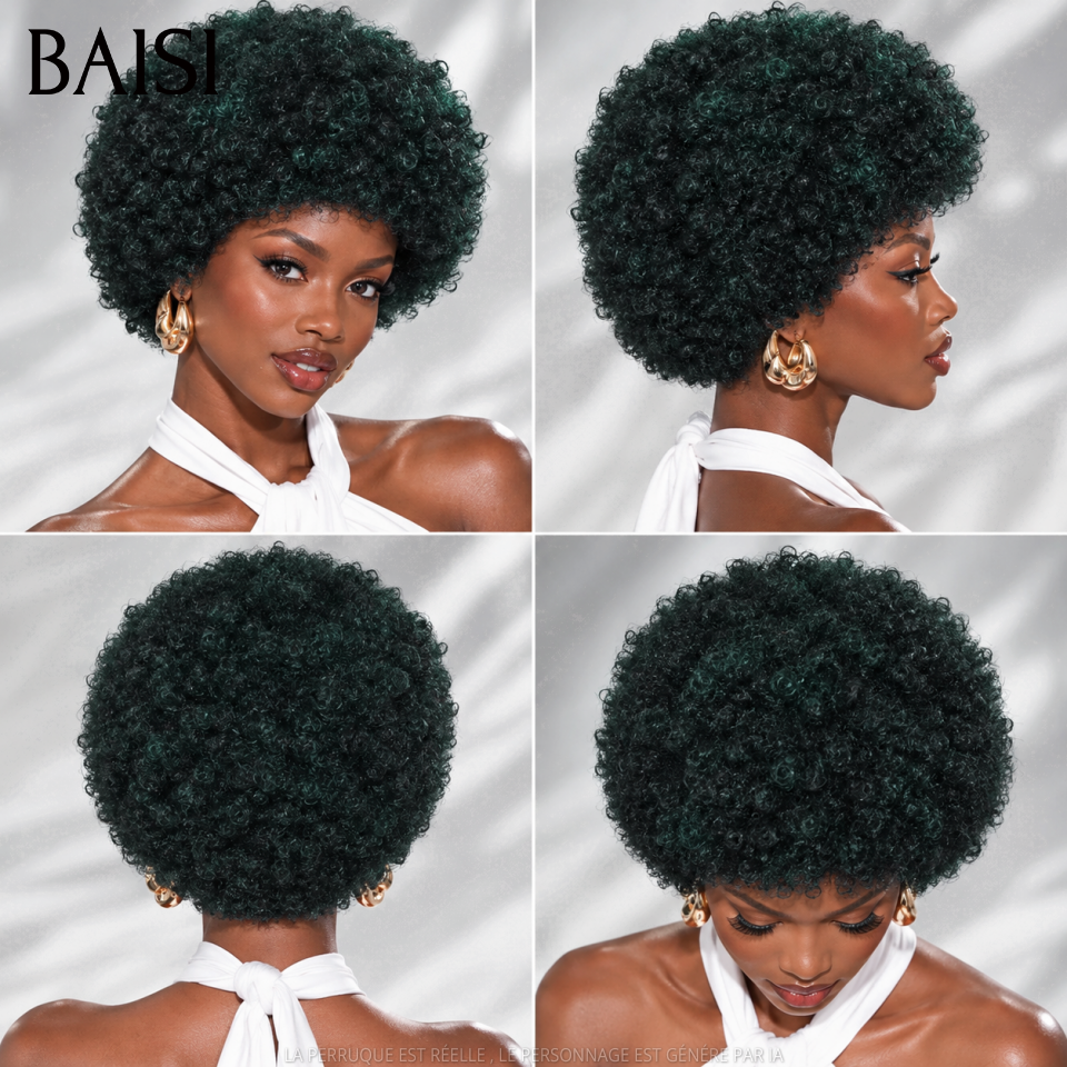 BAISI Perruque Pixie Courte afro curly Vert  Sans Colle 55€ ou Avec Frontal 128€ Très Original en 100% Cheveux Humains