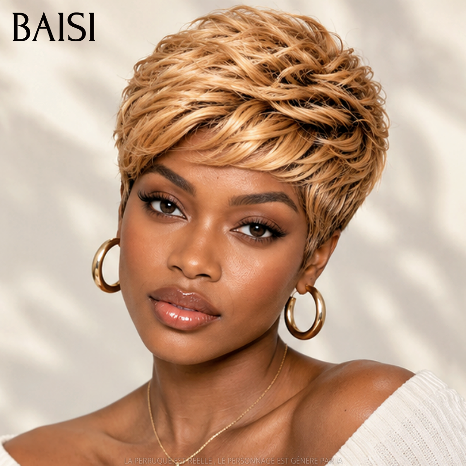 BAISI Perruque Pixie Courte Légèrement Effilée 55€ Couleur Châtain Dorée 4T30# Sans Colle Sans Lace en 100% cheveux humains