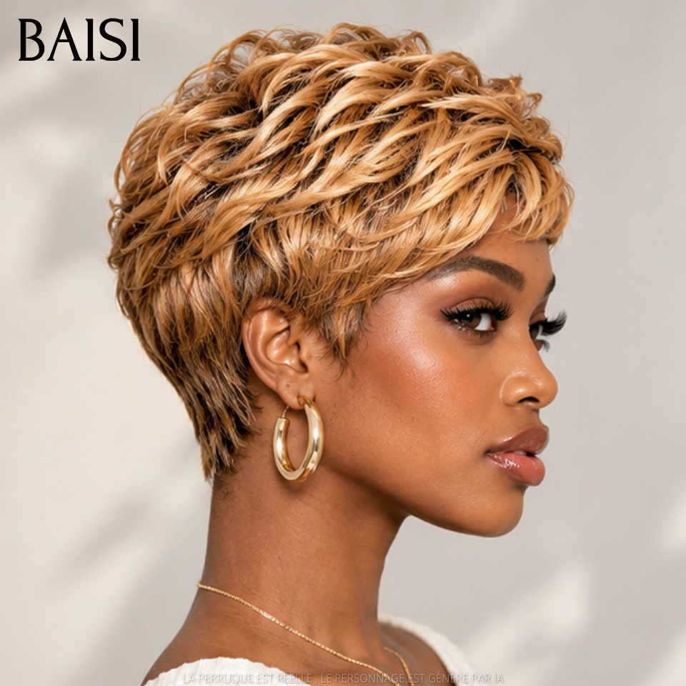 BAISI Perruque Pixie Courte Légèrement Effilée 55€ Couleur Châtain Dorée 4T30# Sans Colle Sans Lace en 100% cheveux humains