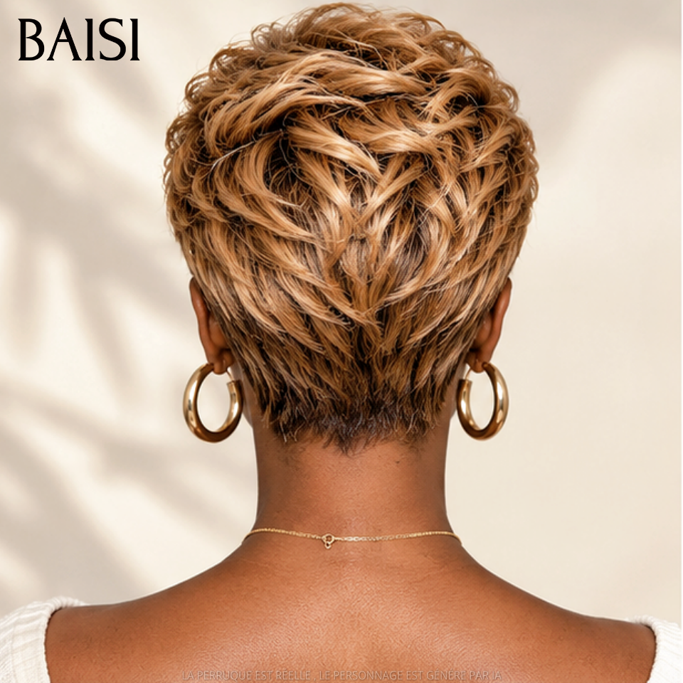BAISI Perruque Pixie Courte Légèrement Effilée 55€ Couleur Châtain Dorée 4T30# Sans Colle Sans Lace en 100% cheveux humains
