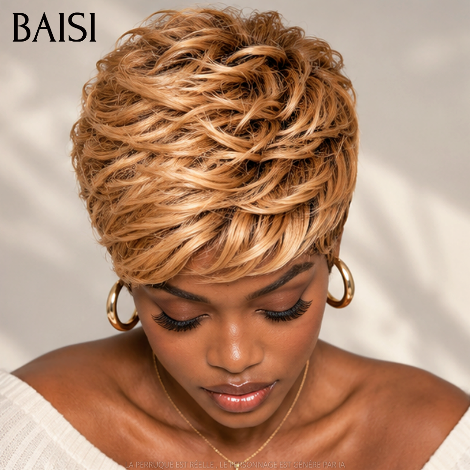 BAISI Perruque Pixie Courte Légèrement Effilée 55€ Couleur Châtain Dorée 4T30# Sans Colle Sans Lace en 100% cheveux humains
