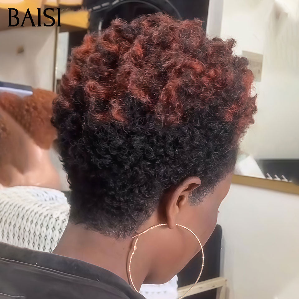 BAISI PIXIE Afro Curly Noir Marron 33# Sans Colle Sans Lace Facile A Porter 60€ Seulement  en 100% Cheveux Humains
