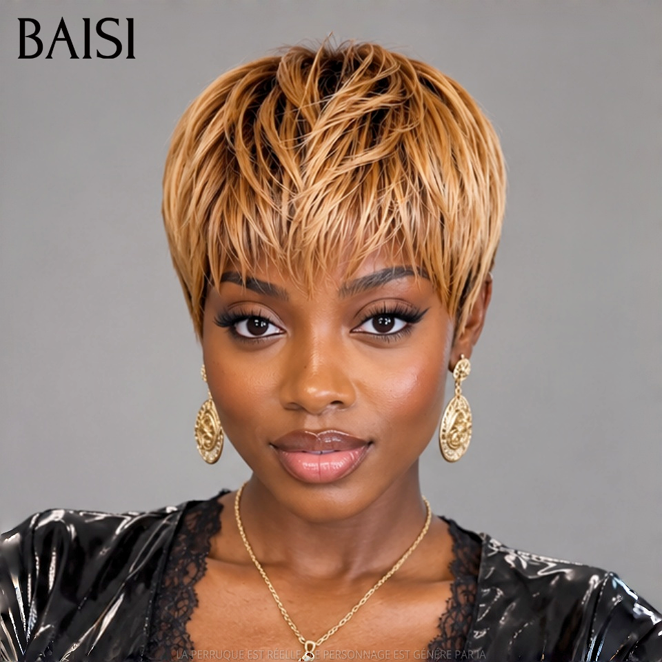 BAISI Perruque Pixie Courte Lisse 45€ Couleur Marron Doré 4#30 Sans Colle Sans Lace Excellente Qualité Pas Chèr en 100% Cheveux Humains