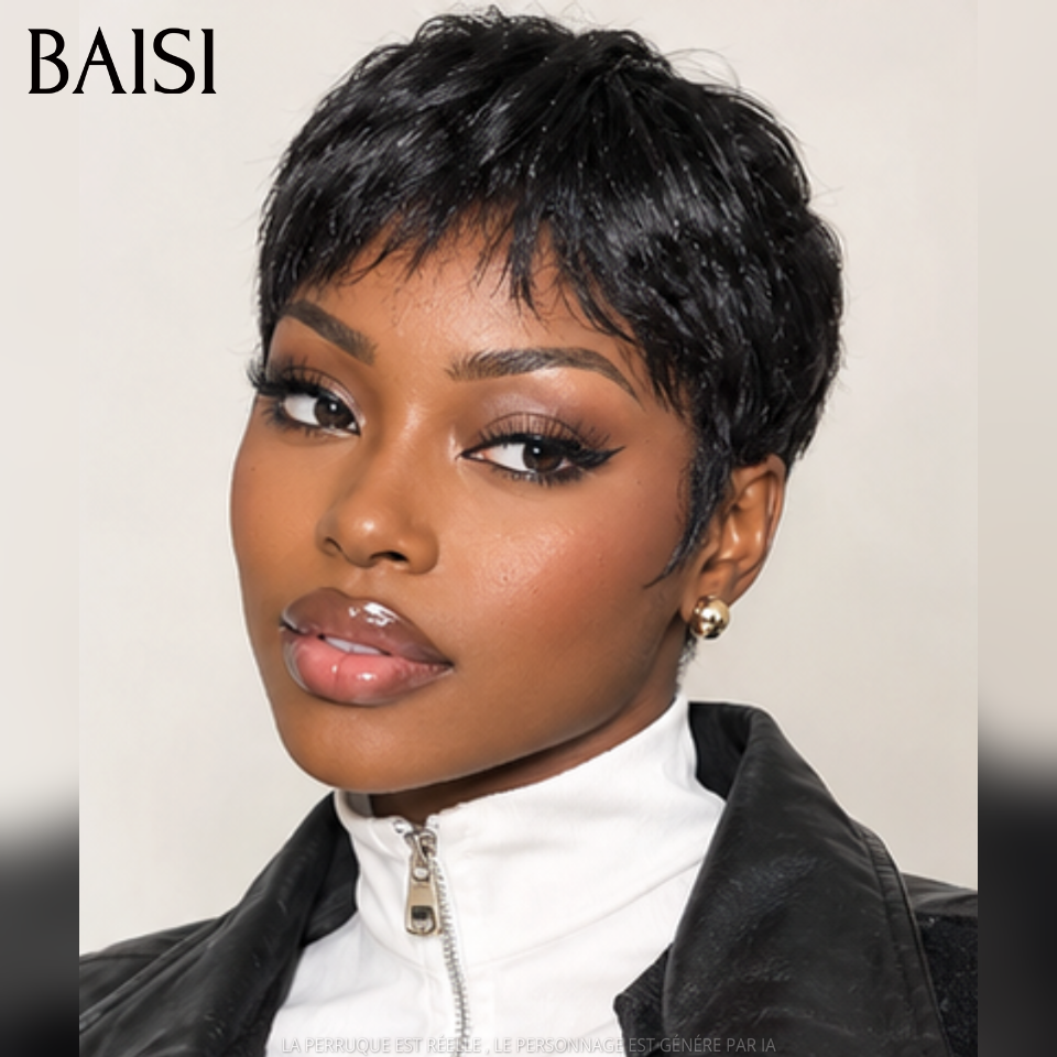 BAISI pixie 6 perruques 149€ PROMO 200% densité afro curly et lisse et finger wave sans lace sans colle en 100% Cheveux Humains fabriqué à la machine FR38
