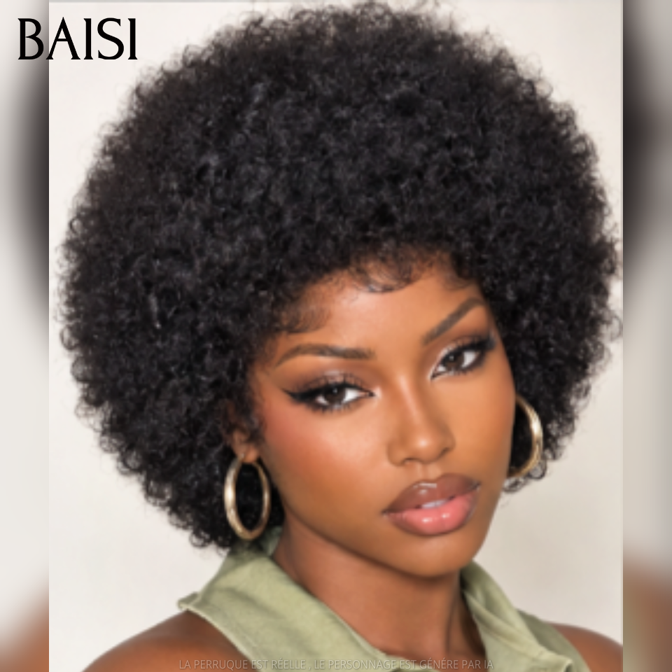 BAISI pixie 6 perruques 149€ PROMO 200% densité afro curly et lisse et finger wave sans lace sans colle en 100% Cheveux Humains fabriqué à la machine FR38