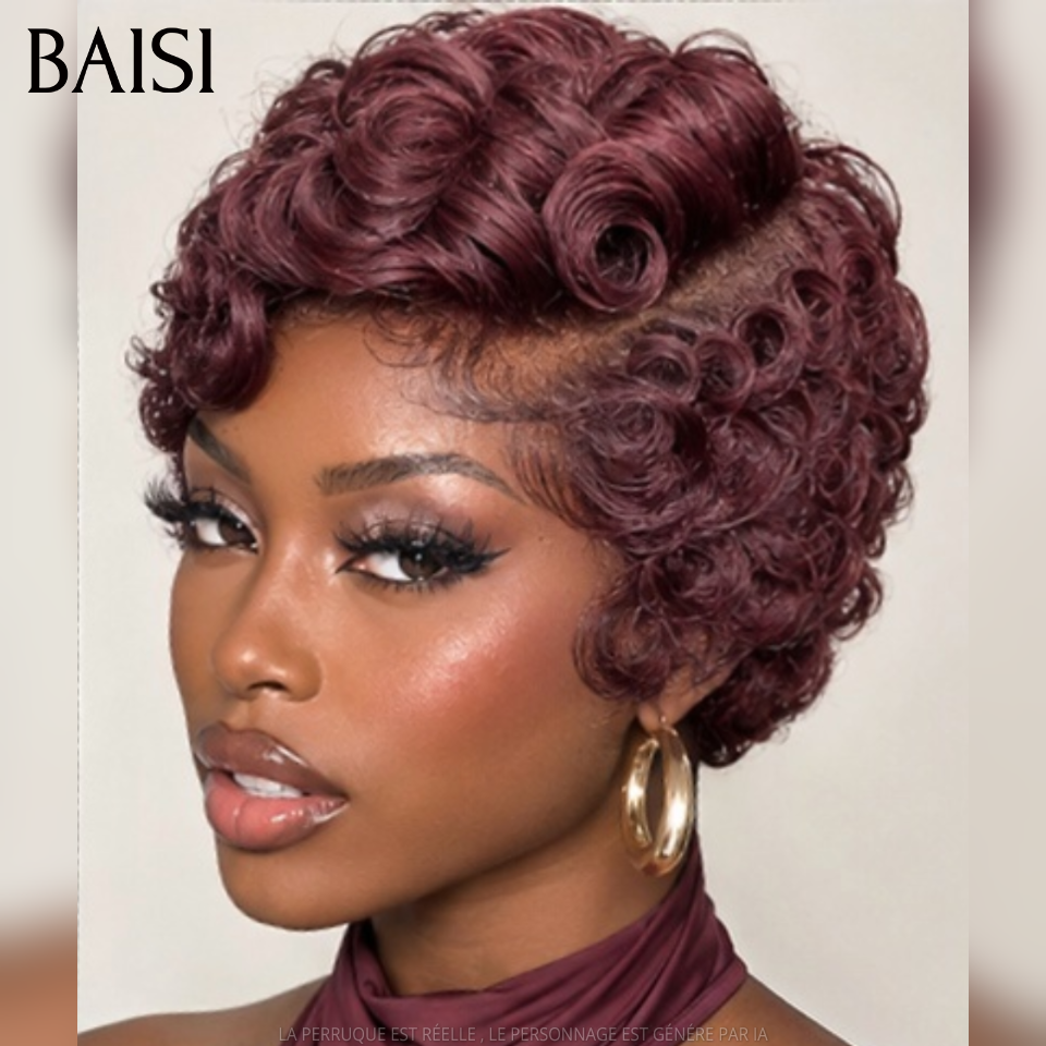 BAISI pixie 6 perruques 149€ PROMO 200% densité afro curly et lisse et finger wave sans lace sans colle en 100% Cheveux Humains fabriqué à la machine FR38