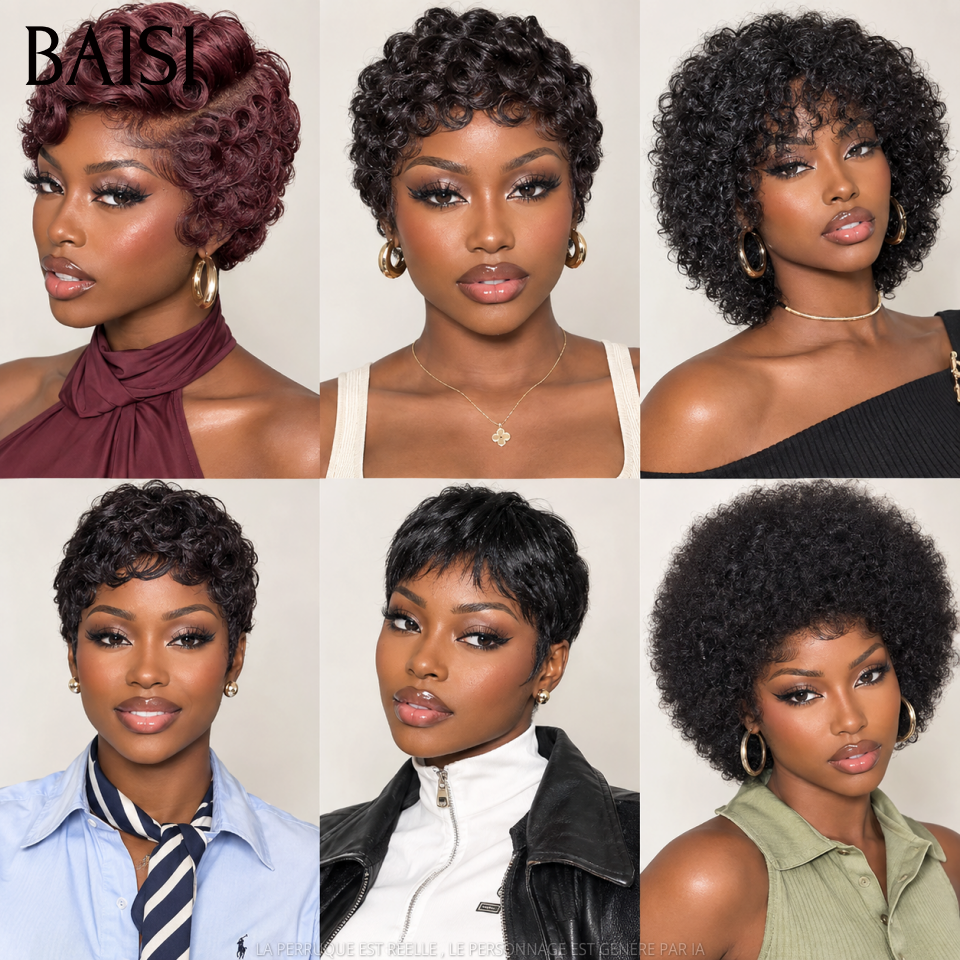 BAISI pixie 6 perruques 149€ PROMO 200% densité afro curly et lisse et finger wave sans lace sans colle en 100% Cheveux Humains fabriqué à la machine FR38