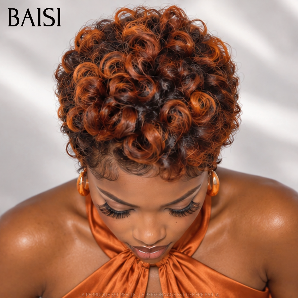 BAISI 13x4 Lace Perruque Pixie Courte Wave 129€ Couleur Châtain Orange Modèle Unique Beauté Incomparable en 100% cheveux humains