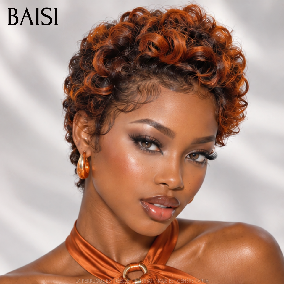 BAISI 13x4 Lace Perruque Pixie Courte Wave 129€ Couleur Châtain Orange Modèle Unique Beauté Incomparable en 100% cheveux humains