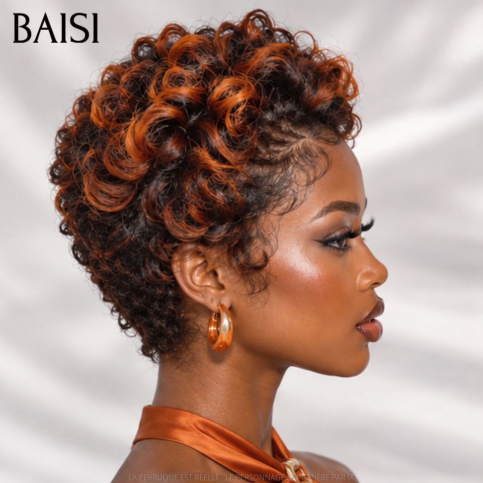 BAISI 13x4 Lace Perruque Pixie Courte Wave 129€ Couleur Châtain Orange Modèle Unique Beauté Incomparable en 100% cheveux humains