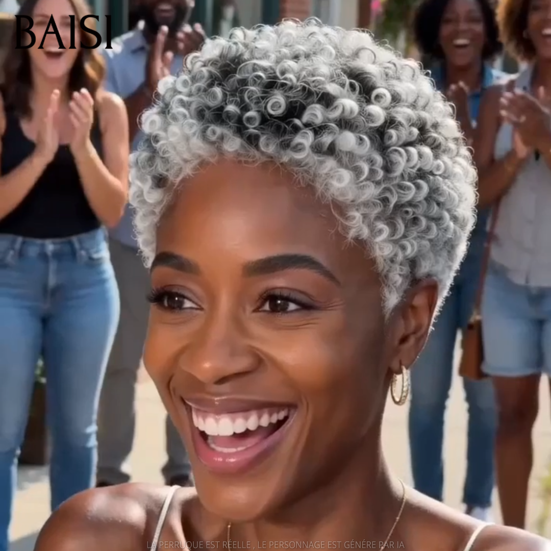 BAISI Perruque Pixie Bouclée Grise et Noir Couleur Personnalisée 88€ Sans Colle Sans Lace 100% Cheveux humains