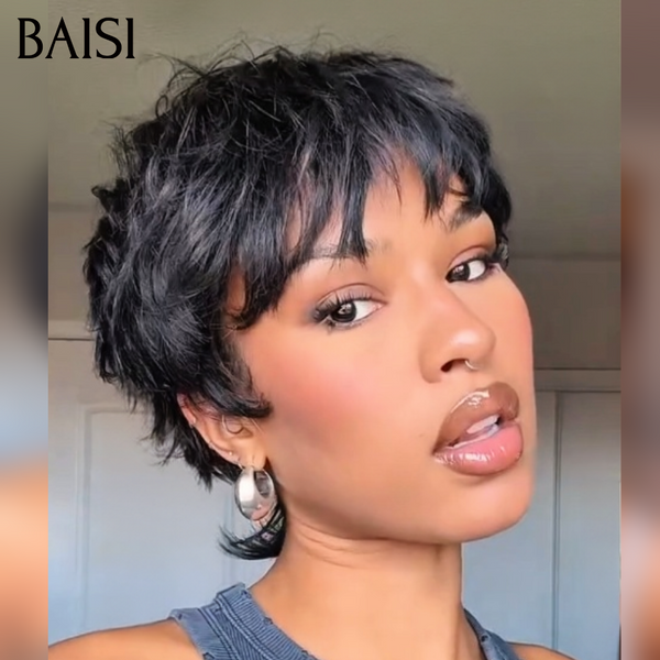 BAISI Lot 2 perruques Pixie Courte Lisse noir 1B# + Curly Marron Clair 1B/33# Petit Prix Fou 66€ Seulement Sans colle Sans Lace en 100% Cheveux Humains 
