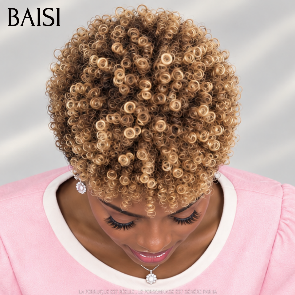 BAISI Perruque Pixie Afro curly 66€ Sans Colle Sans Lace Couleur noir et miel 1b/27 Très Bonne qualité en 100% Cheveux Humains