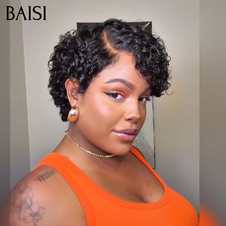 BAISI Perruque Curly Wave 6 Pouces Noir 78€ en Lace 13x4 Frontal ou Demi-Perruque Topper Curly wave 85€ cheveux partiel personnalisé en Couleur Noir 100% Cheveux Humains