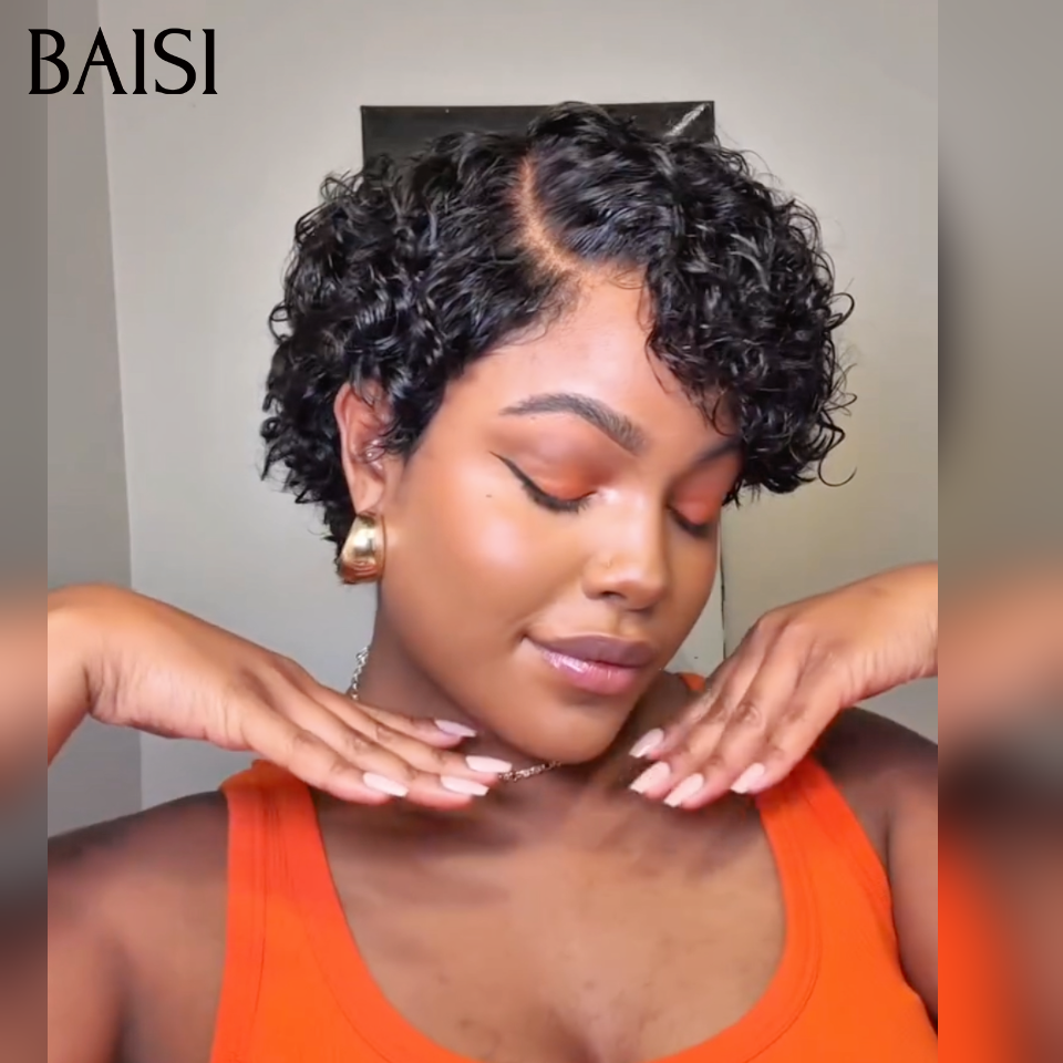 BAISI Perruque Curly Wave 6 Pouces Noir 78€ en Lace 13x4 Frontal ou Demi-Perruque Topper Curly wave cheveux partiel personnalisé en Couleur Noir 100% Cheveux Humains