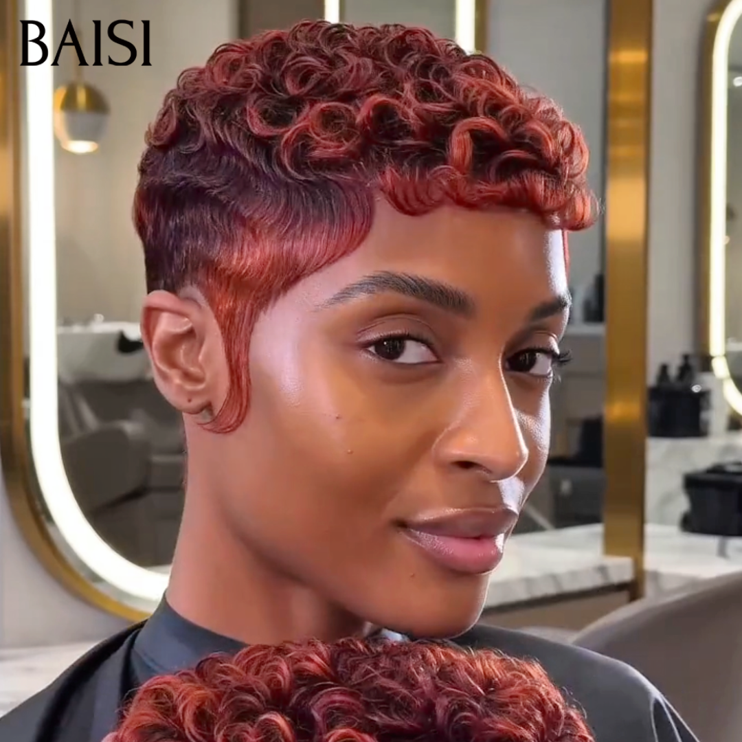 BAISI Perruque Pixie Curl Promo 78€ en Couleur Orange Rouge Sans Colle en 100% Cheveux humains