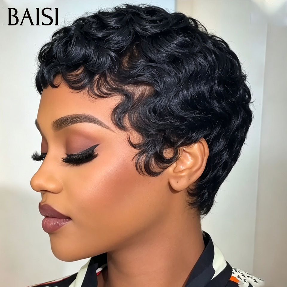 BAISI Perruque Pixie Courte Ondulée Wave Couleur Noir 1B# 50€ Seulement Sans Colle Sans Lace Pour Débutantes en 100% Cheveux humains
