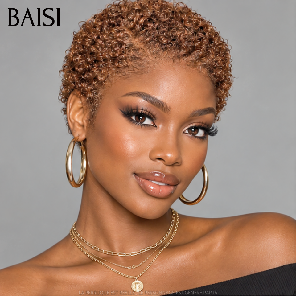BAISI  Full Lace Perruque Pixie Courte Crépus Coiffée 138€ Couleur Marron Glacé #33 Super A la Mode et Sexy en 100% Cheveux humains