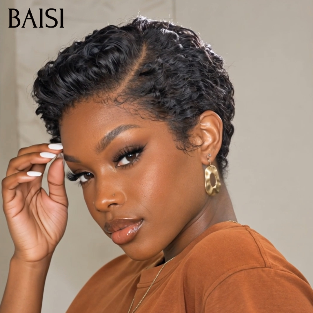 BAISI 13x4 Lace Perruque Pixie Wave Noir 68€ Prête A Porter Meilleure Perruque de Vacances Pas Chèr en 100% Cheveux humains