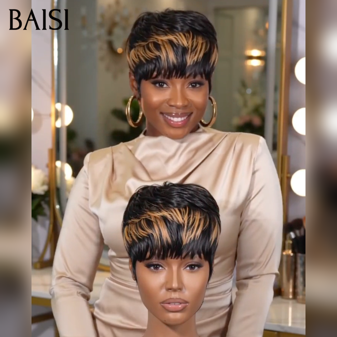 BAISI Perruque Pixie Courte Lisse Marron Noir Sans Lace 68€ Look Authentique en 100% Cheveux humains