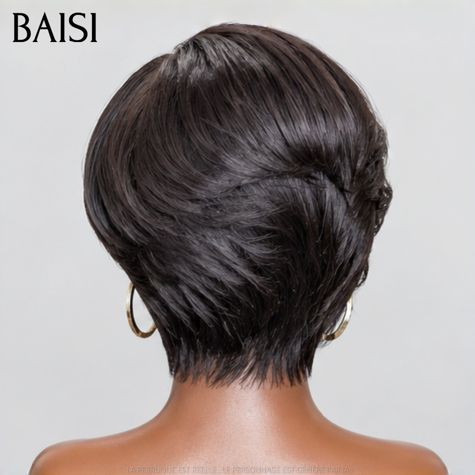 BAISI Perruque pixie Lisse avec lace frontal 60€ NOIR Élégant et facile à porter En 100% Cheveux Humains
