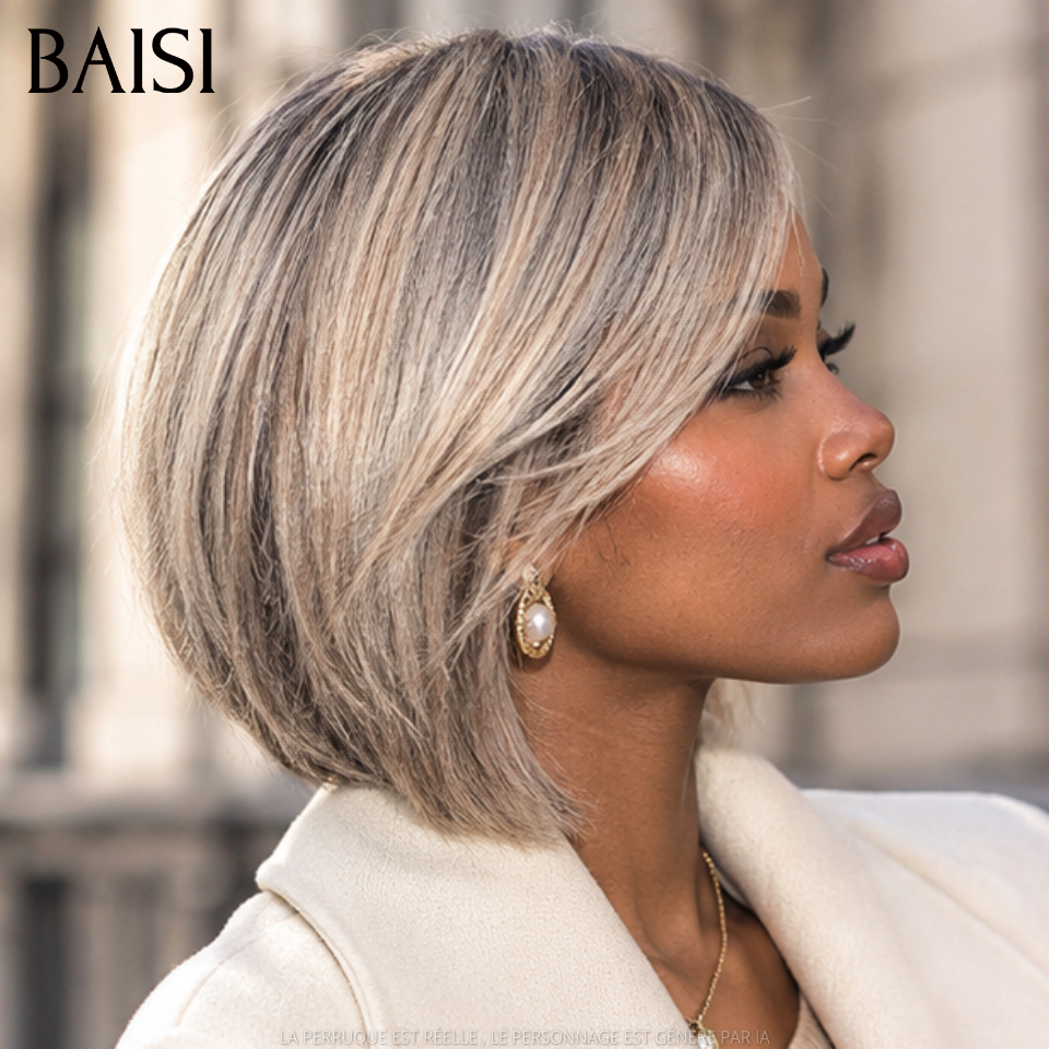 BAISI Petite Perruque  Pixie Courte Lisse 86€ Couleur Gris Blonde  #70 Authentique Très Bonne Qualité  en 100% cheveux humains