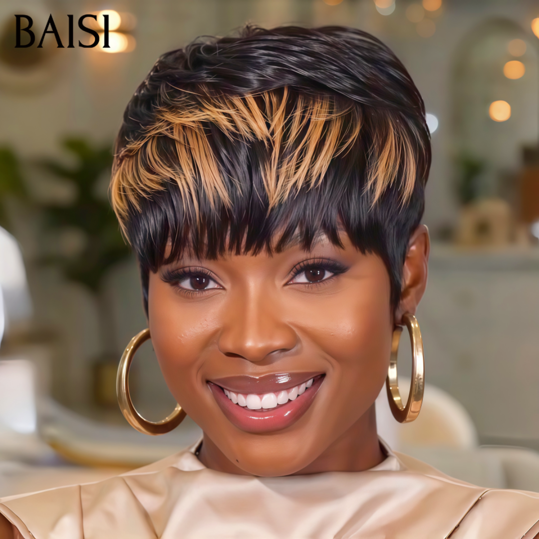 BAISI Perruque Pixie Courte Lisse Marron Noir Sans Lace 68€ Look Authentique en 100% Cheveux humains