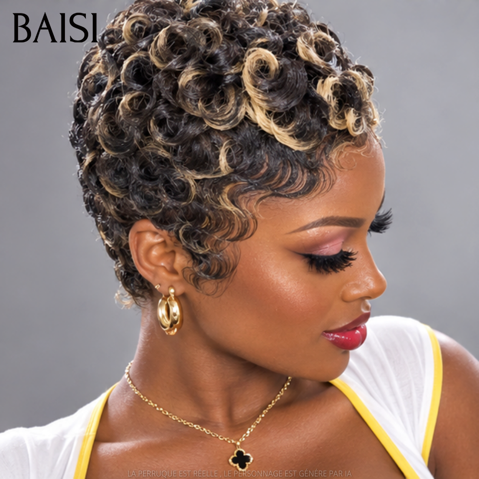 BAISI Perruque pixie chioma OFFRE FLASH 45€  Fabriqué à la Machine Promotion Mixte Miel en 100% Cheveux Humains
