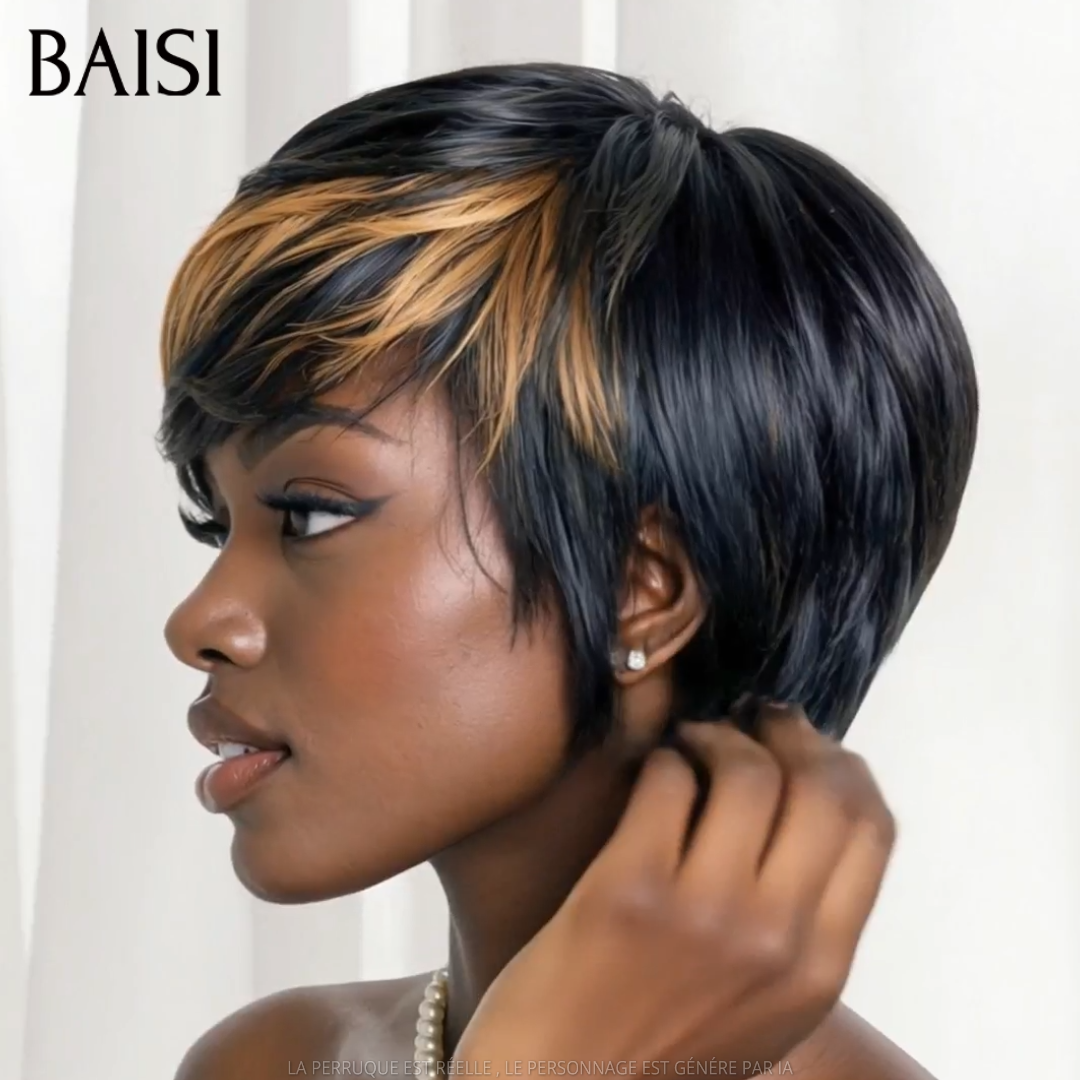 BAISI Perruque Pixie Lisse Noir Marron Clair 1B/33# 59€ Sans Colle Sans Lace Facile A Porter 100% Cheveux humains