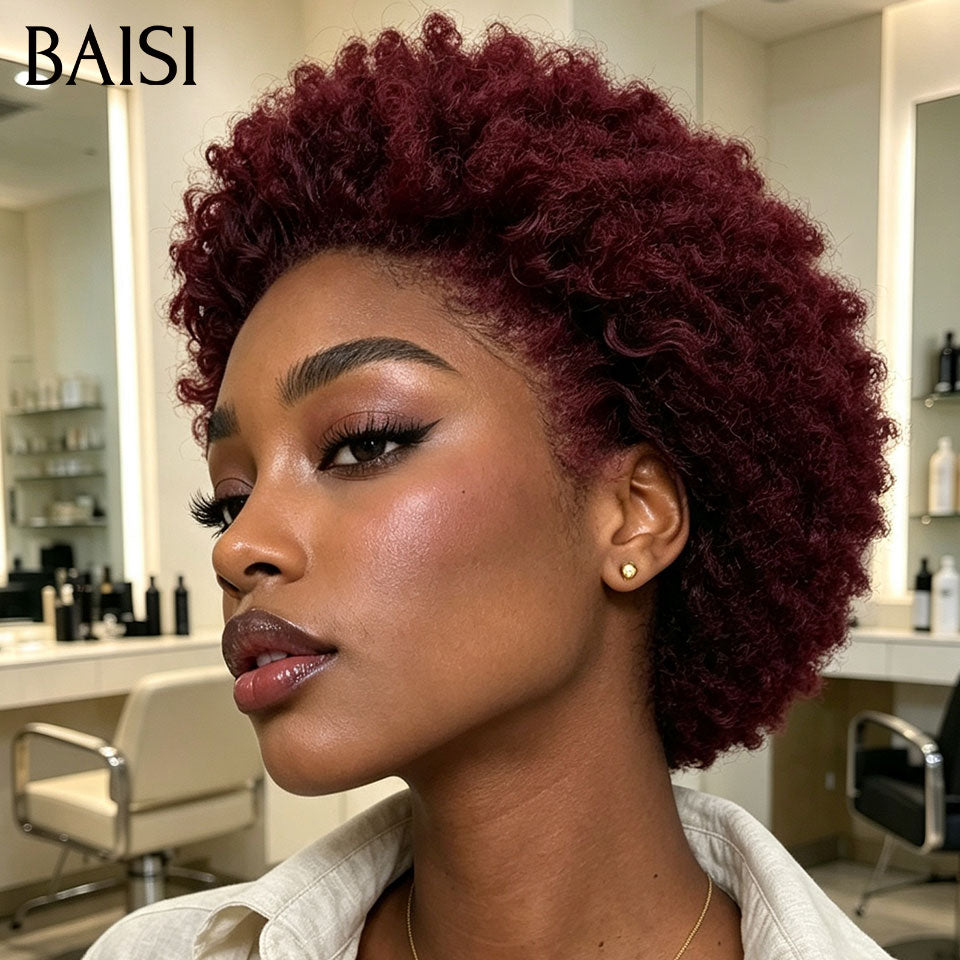 BAISI Perruque Pixie Afro Curly Couleur Rouge Bordeaux 99J# Sans Lace Sans Colle Facile à Porter Et Sublime en 100% Cheveux humains