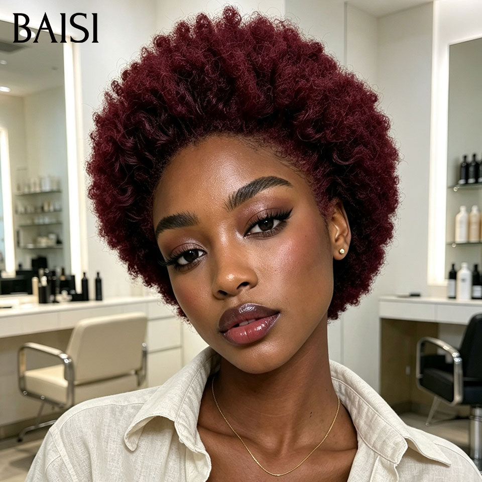 BAISI Perruque Pixie Afro Curly Couleur Rouge Bordeaux 99J# Sans Lace Sans Colle Facile à Porter Et Sublime en 100% Cheveux humains