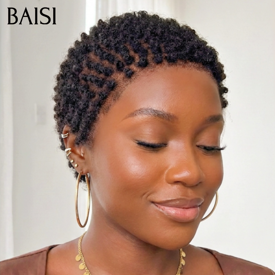 BAISI Perruque full lace courte Noir 1B# Sans Colle Sans Lace Très légère et respirante en 100% Cheveux humains
