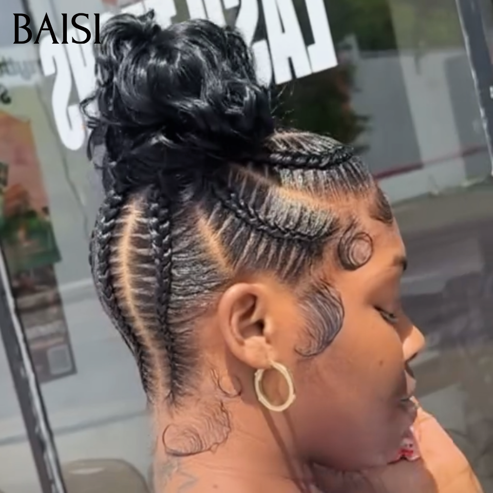 BAISI Full Lace Perruque Coiffée Ondulée Couleur Noir 1B# 178€ Deja Nattée Chignon Haute Très Pratique Contre la Chaleur en 100% Cheveux humains