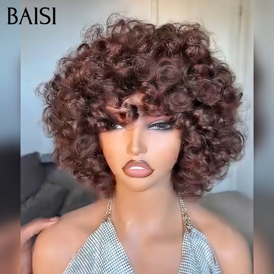 BAISI Perruque Boucle Egg Wave Marron 4#  12Pouces 76€ Seulement Sans Colle Sans Lace Très Pratique au Quotidien en 100% Cheveux Humains