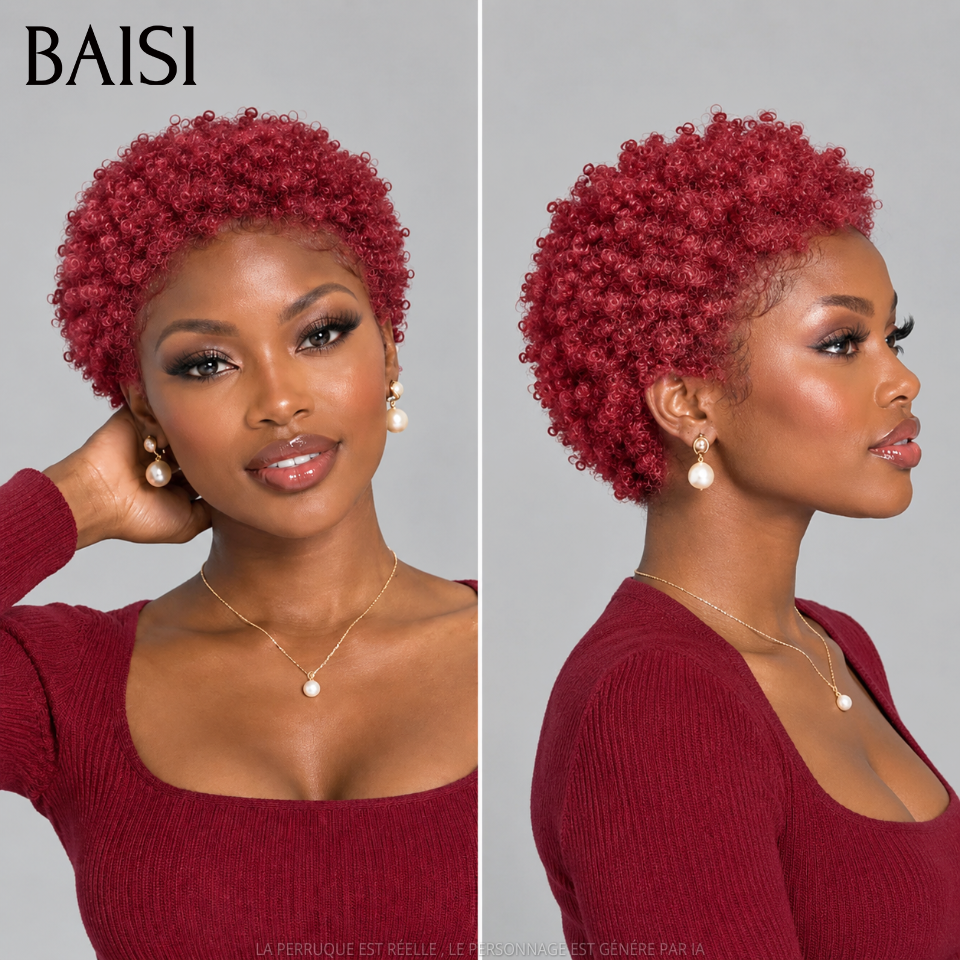 BAISI 13x4 Lace Pixie Courte Afro Rouge Bordeaux 99J Aujourd'hui 49€ Beaucoup de Clientes Aiment Prix Promotion en 100% cheveux humains Livraions 48H