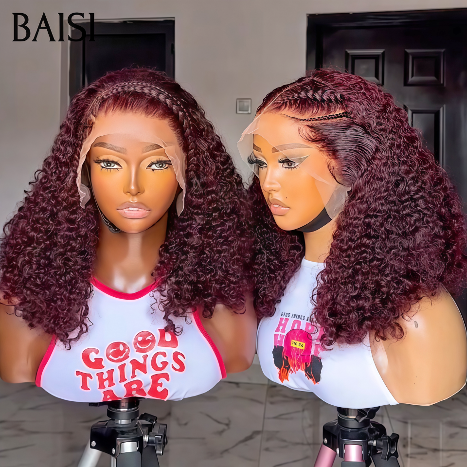 BAISI 13x4 lace Perruque Coiffée curly wave Rouge Bordeau 99J# Devanture en Nattes Courbure Naturelle en 100% Cheveux Humains
