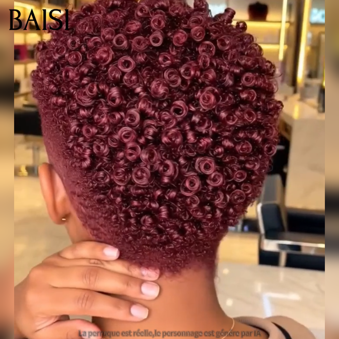 BAISI Perruque Pixie Afro Curly Rouge Bordeaux 75€ Sans Colle Sans Lace Coupe Masculine Osante en 100% Cheveux humains