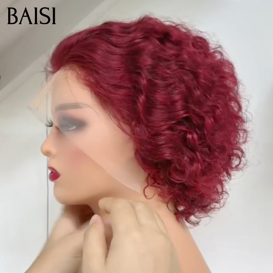 BAISI Perruque Pixie Wave Déjà Coiffée 55€ Couleur Rouge Bordeaux 99J# Indispensable Pour les Vacances en 100% Cheveux humains