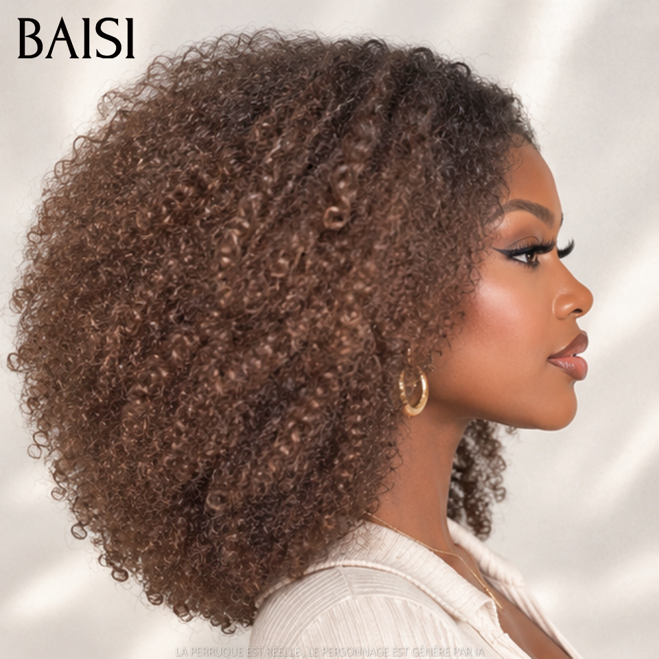 BAISI 4x4 Lace Perruque Afro Kinky Couleur Marron clair Racine Noir Sans Colle 18pouces 159€ 400% de Volume 100% des Clientes Aiment  en 100% Cheveux humains