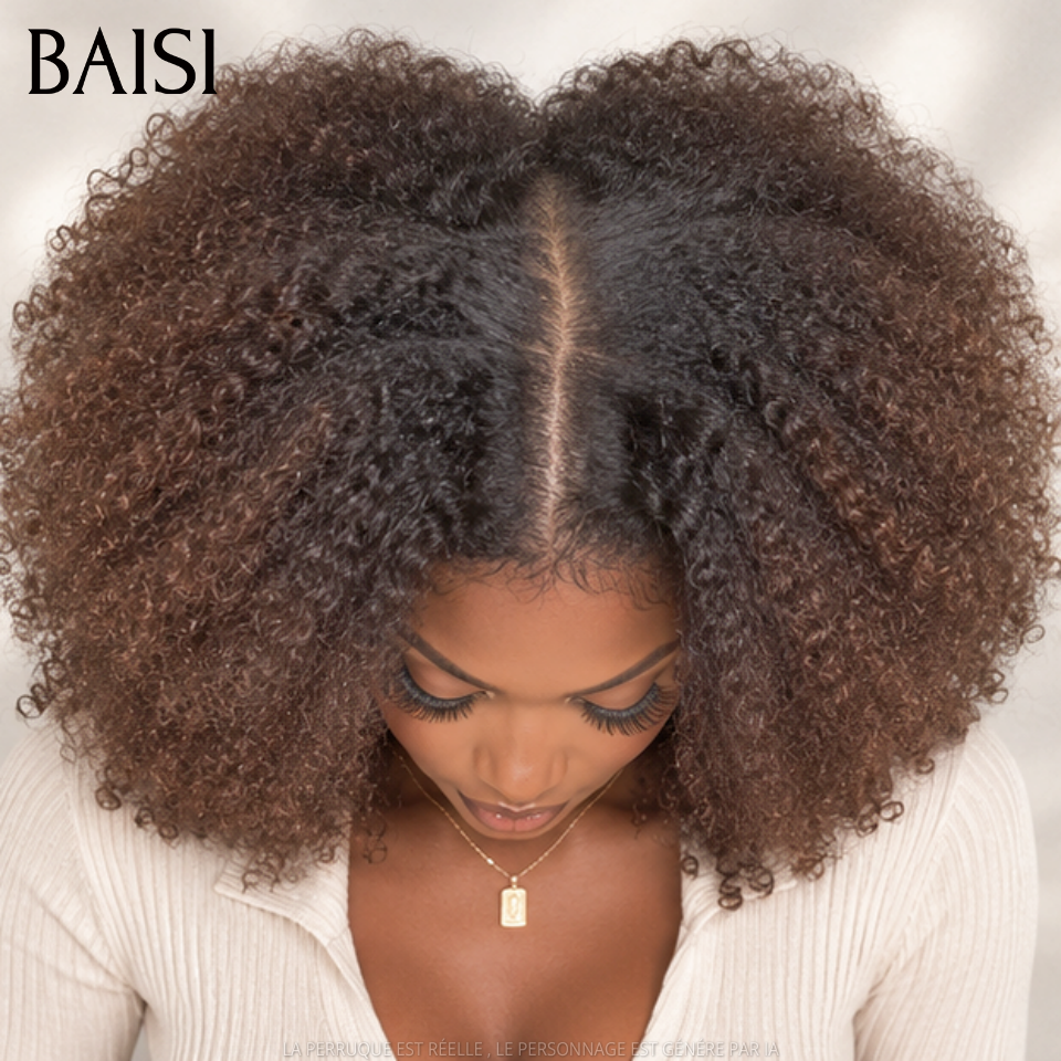 BAISI 4x4 Lace Perruque Afro Kinky Couleur Marron clair Racine Noir Sans Colle 18pouces 159€ 400% de Volume 100% des Clientes Aiment  en 100% Cheveux humains