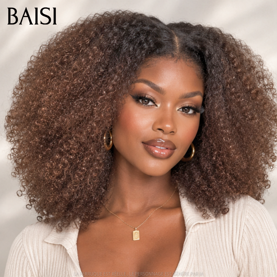 BAISI 4x4 Lace Perruque Afro Kinky Couleur Marron clair Racine Noir Sans Colle 18pouces 159€ 400% de Volume 100% des Clientes Aiment  en 100% Cheveux humains
