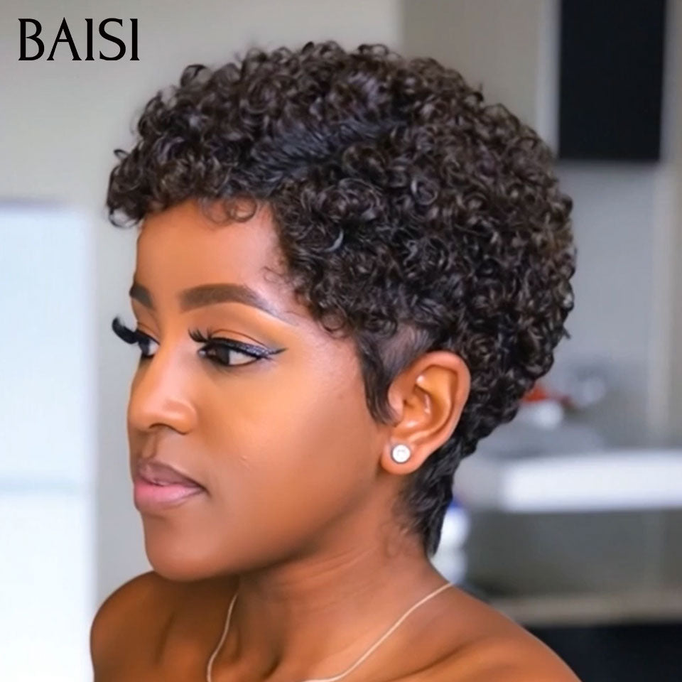 BAISI Perruque pixie afro curly wave OFFRE FLASH Sans Lace Sans Colle 45€ NOIR Petite boucle craquante  en 100% Cheveux Humaind