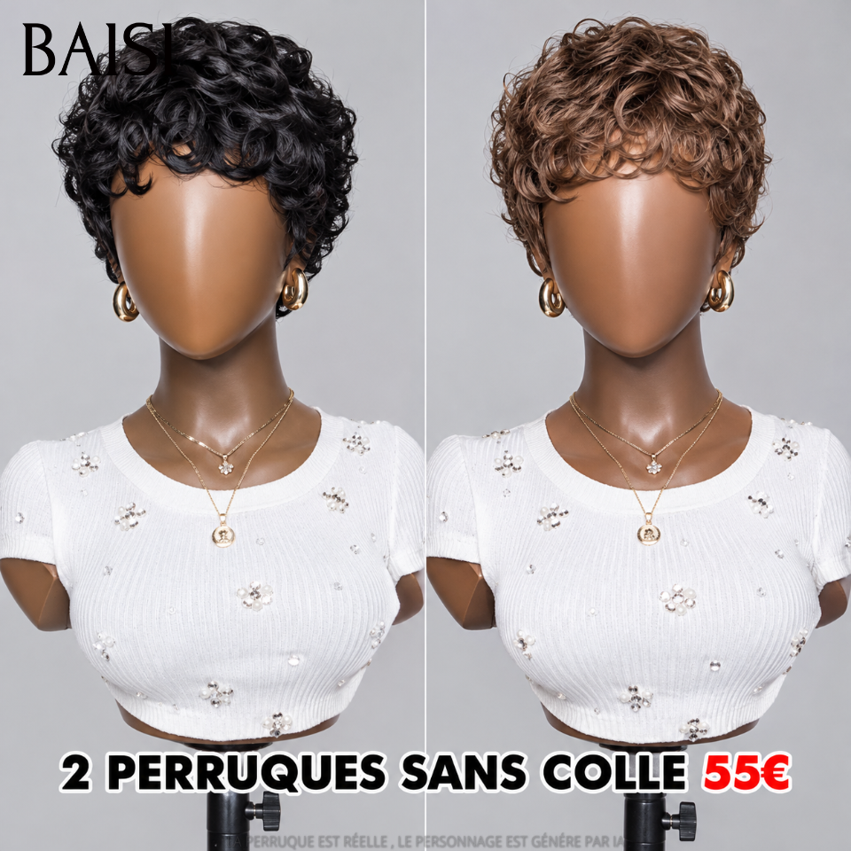 BAISI 2 Perruques Sans Colle 55€ en 100% cheveux humains à  moitié prix  chioma finger wave NOIR et Marron
