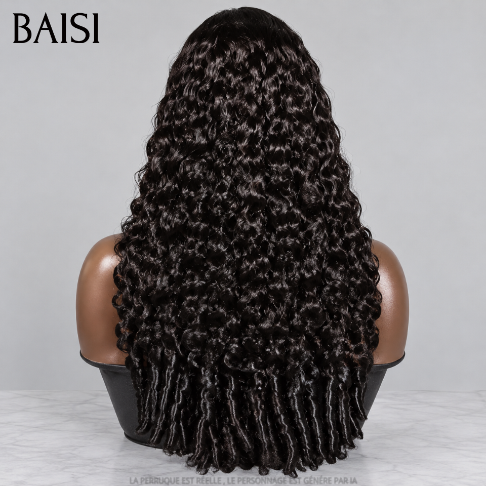 BAISI 13X4 lace frontal Perruques de Luxe Spring Curly Wave NOIR A1 Fabriquées par les cheveux double drawn mèches vièges volume plus de 20 ans d' utilisations 100% Cheveux Humains