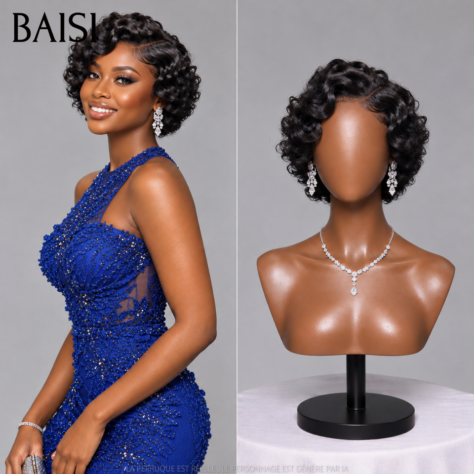 BAISI Perruques Chioma pixie finger wave avec frontal 200% densité noir Moitié Prix 55€ en 100% Cheveux Humains MP50