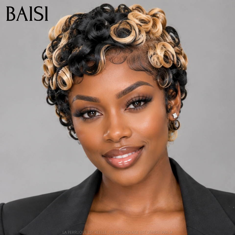 BAISI 13x4 Lace Perruque Pixie Courte Wave 89€ Couleur Noir et Miel 1B/27# Look Extra Supler Glamour en 100% Cheveux Humains 